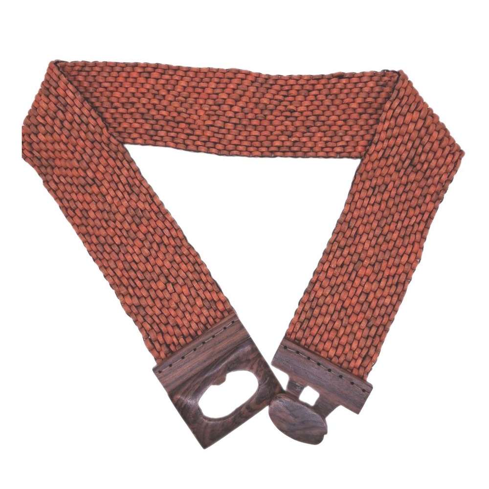 Vintage Boho Seed Bead Belt W/ Wood Buckle Marmalade Orange. 30" + Stretch